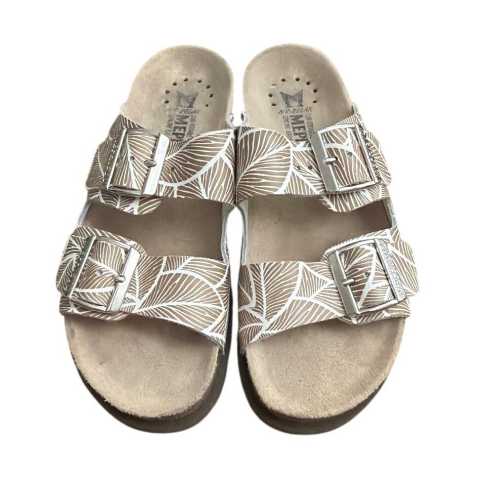 MEPHISTO Hester Sandals 2 Strap Slide Leaf Print Tan Beige Size 38 US 8